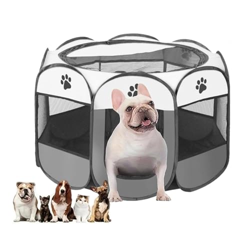 Faltbarer Welpenlaufstall für Haustiere, Transportbox mit Reißverschluss, 114 x 114 x 58 cm, Grau von Blleshelfl