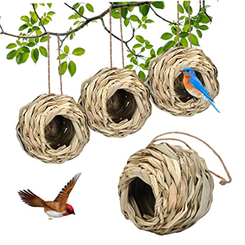 Gewebter Vogelhaus, Hanges Vogel Nest Gras gewebtes Vogelhaus Hängende Vogelhütte für Garten Terrasse Rasendekor 4pcs 12 * 12 * 6 cm, hängende Vogelhäuser von Blogiiup