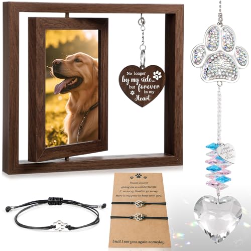 Blosssound Gedenkgeschenk für Hunde, Sonnenfänger, drehbarer Holz-Bilderrahmen, 10,2 x 15,2 cm, Pfotenabdruck, Freundschaftsarmbänder für den Verlust von Hunden, Katzen, zum Vergehen, Trauer von Blosssound