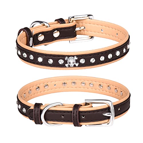 1 x Hundehalsband mit Totenkopf-Strasssteinen, mit glitzernden Kristalldiamanten, PU-Leder, 5,1 cm breit, schönes glitzerndes Haustier-Aussehen für kleine und mittelgroße Hunde, Beige Braun (S: Halsumfang verstellbar von 27,9 cm bis 33 cm) cm) von Blue Dream Island