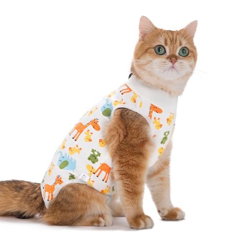 Blue Dream Island Chirurgischer Genesungsanzug für Katzen, Tiersterilisation, Entwöhnung, Anti-Leck-Shirts, Weste, Kätzchen, Bauchwunden, Schutz, Genesungsanzug, Einteiler, Größe M (Giraffe) von Blue Dream Island