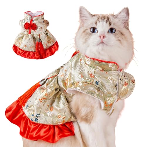 Chinesisches Neujahrskostüm für Katzen und Hunde, Cheongsam, warmer Mantel, für Weihnachten, Geburtstag, Festival, Verkleidung, Teddy, Bichon, Schleife, Quastenrock_L (Stil 2) von Blue Dream Island