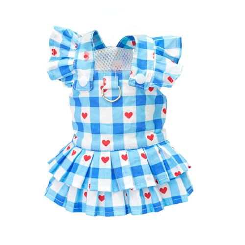 Elegantes Hundekleid mit Gitterstreifen, Sommerrock, Prinzessinnenrock, atmungsaktive Weste mit D-Ring, gerüschte Manschetten, fliegende Ärmel, Bekleidung für Partys und den Alltag, Größe XS (blaues von Blue Dream Island