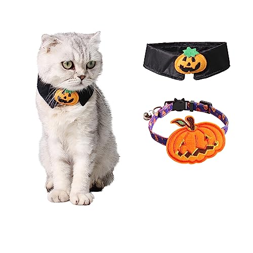 Halloween-Katzenhalsbänder mit Glöckchen, Kätzchenhalsband mit Kürbis, Halloween-Halsband für Mädchen, Jungen, Katzen, Welpen, Fliege + Geister-Orange, 2 Stück von Blue Dream Island