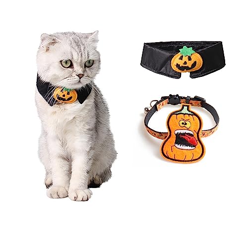 Halloween-Katzenhalsbänder mit Glöckchen, Kätzchenhalsband mit Kürbis, Halloween-Halsband für Mädchen, Jungen, Katzen, Welpen, Fliege + Grimasse, Orange, 2 Stück von Blue Dream Island