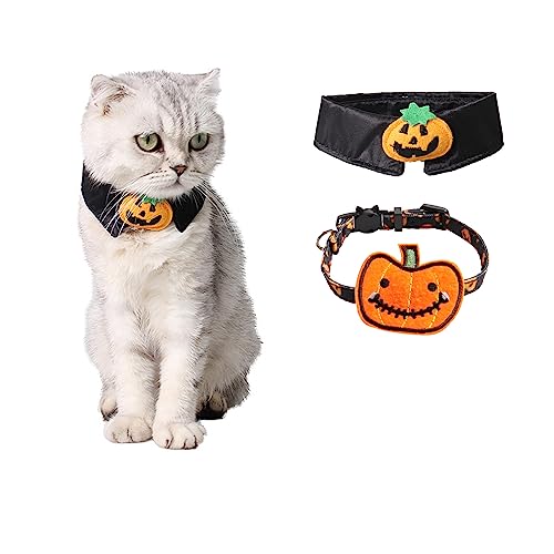 Halloween-Katzenhalsbänder mit Glöckchen, Kätzchenhalsband mit Kürbis, Halloween-Halsband für Mädchen, Jungen, Katzen, Welpen, Fliege + Kürbis, schwarz, 2 Stück von Blue Dream Island