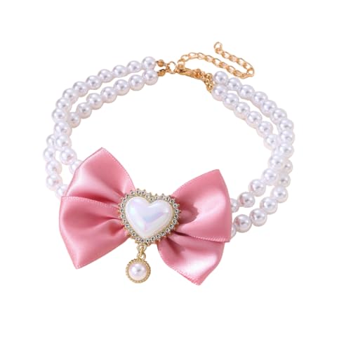 Haustier-Halskette, Halskette mit künstlicher Perle und Schleife, verstellbar, herzförmig, Perle, Prinzessinnen-Halsband, Hund, Hochzeit, Festival, Geburtstagsgeschenk, Größe L (Rosa) von Blue Dream Island