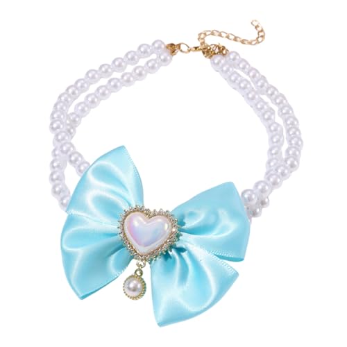 Haustier-Halskette, Halskette mit künstlicher Perle und Schleife, verstellbar, herzförmig, Perle, Prinzessinnen-Halsband, Hund, Hochzeit, Festival, Geburtstagsgeschenk, Größe L (blau) von Blue Dream Island