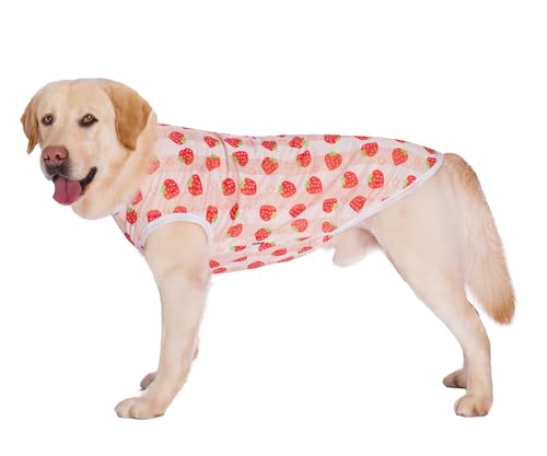 Haustier-Sommer-T-Shirt, atmungsaktiver Overall, Schlafanzug, Einteiler, Sonnenschutzkleidung, kühlende Kleidung, Weste, geeignet für große und mittelgroße Hunde, Größe 32/4XL (rosa Erdbeere) von Blue Dream Island