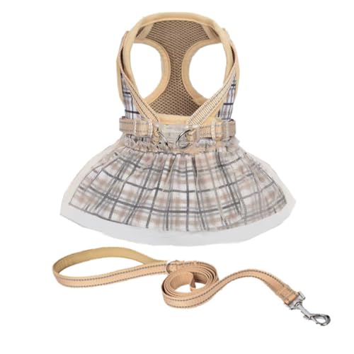 Haustiergeschirr-Set, verstellbar, atmungsaktiv, Netzstoff, für Hunde, Spitze, kariert, Prinzessinnenkleid, tägliches Spazierengehen, Tutu-Geschirr für Katzen, Welpen, kleine, mittelgroße Hunde, Größe von Blue Dream Island