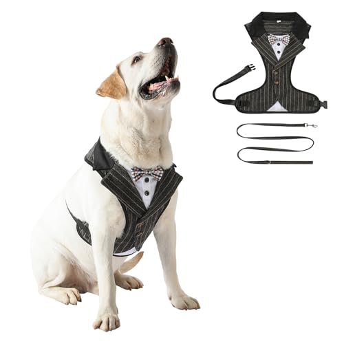 Haustiergeschirr mit Leine, für formelle Anlässe, Smokinggeschirr mit Schleife, Haustier-Frack, Hochzeitsweste, Kostüm für Katzen, Welpen, kleine, mittelgroße und große Hunde, Größe XL, Grau gestreift Haustiergeschirr mit Leine, für formelle Anlässe, Smokinggeschirr mit Schleife, Haustier-Frack, Hochzeitsweste, Kostüm für Katzen, Welpen, kleine, mittelgroße und große Hunde, Größe XL, Grau gestreift von Blue Dream Island