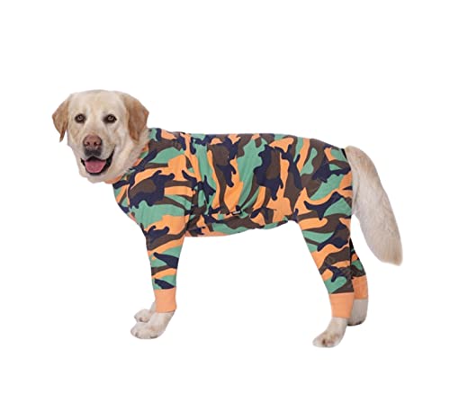 Hunde-Pyjama-Overall für mittelgroße und große Hunde, leichtes Baumwoll-Shirt, Anti-Haar-Hunde-Einteiler nach Operationen, Hundeerholungskleidung, 28 (Grün / Orange Camo) von Blue Dream Island