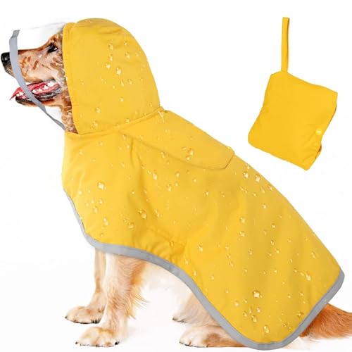 Hunde-Regenmantel, faltbar, wasserdicht, mit Loch für Geschirr, transparente Kapuze, reflektierend, verstellbar, doppellagig, Sicherheits-Regenbekleidung für kleine, mittelgroße und große Hunde, Größe von Blue Dream Island
