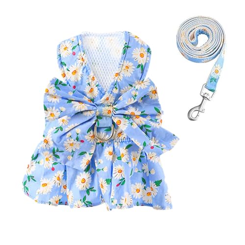 Hundegeschirr für kleine Hunde, Kleid mit Leine, Schleife, Kleid, Leine, Prinzessinnen-Blumendruck, Hundekleid, Geschirr, Weste, Katze, Welpen, Hunde-Outfits für Spaziergänge im Freien, Größe S (Blau) von Blue Dream Island