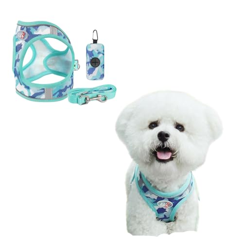 Hundegeschirr für kleine Hunde, atmungsaktives Netzgewebe, verstellbares Hundegeschirr mit Kotbeuteln, mit D-Ring, reflektierende Streifen, Größe M, Blau von Blue Dream Island