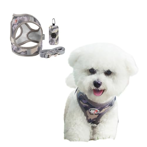 Hundegeschirr für kleine Hunde, atmungsaktives Netzgewebe, verstellbares Hundegeschirr mit Kotbeuteln, mit D-Ring, reflektierende Streifen, Größe M, Grau von Blue Dream Island