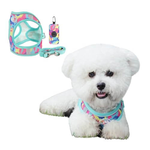 Hundegeschirr für kleine Hunde, atmungsaktives Netzgewebe, verstellbares Hundegeschirr mit Kotbeuteln, mit D-Ring, reflektierende Streifen, Größe M, Grün von Blue Dream Island