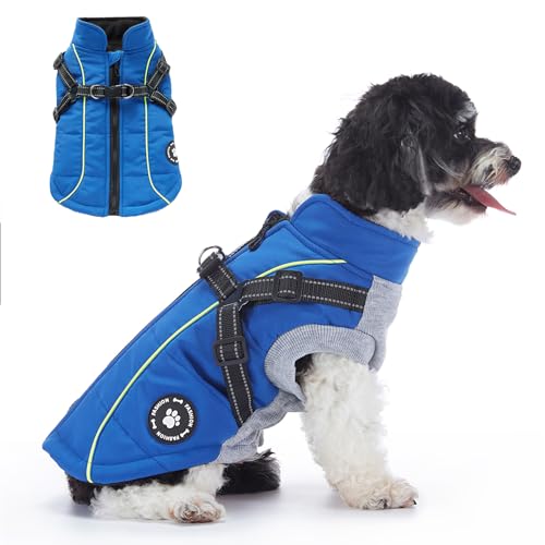 Hundegeschirr mit Reißverschluss, 2-in-1, warme Winterjacke mit reflektierenden Streifen, kein Ziehen, Hundeweste, Geschirr, Outfit, Mäntel für Welpen, kleine, mittelgroße Hunde, Größe L, Stil 5: Blau von Blue Dream Island