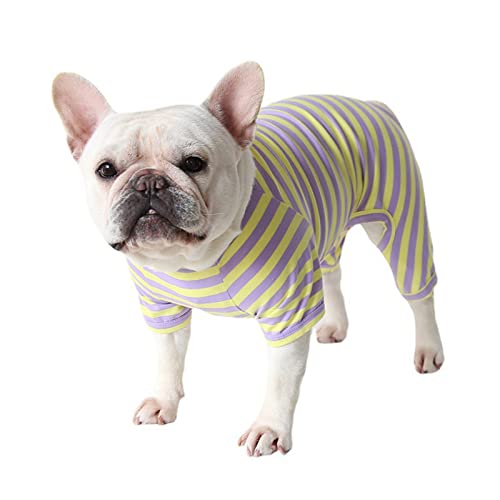 Hundekleidung, Klassischer gestreifter französischer Bulldogge-Pyjama, weiche Baumwolle, vierbeiniger Overall, Anti-Haar-Haustier-Einteiler für kleine, mittelgroße Hunde (L: Violett Gelb) von Blue Dream Island