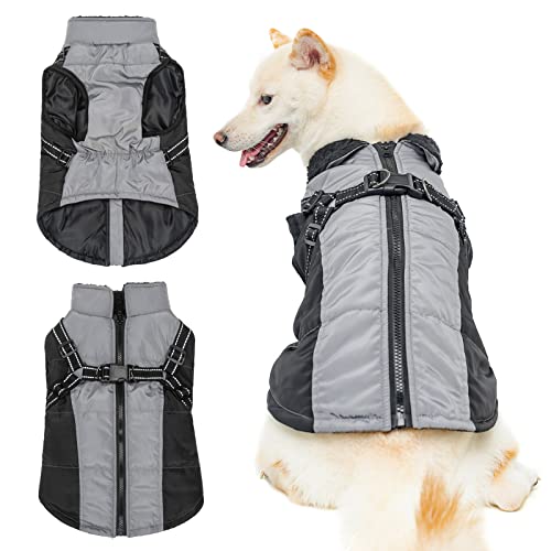 Hundekleidung, Winter Hundemantel Wasserdicht Warme Jacke mit Hundegeschirr Mantel Verstellbarer Schneeanzug Outdoor Kostüm für Welpen Kleine Mittlere Hunde (L:Grau) von Blue Dream Island
