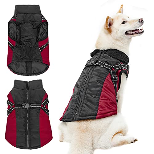 Hundekleidung, Winter Hundemantel Wasserdicht Warme Jacke mit Hundegeschirr Mantel Verstellbarer Schneeanzug Outdoor Kostüm für Welpen Kleine Mittlere Hunde (L:Rot) von Blue Dream Island
