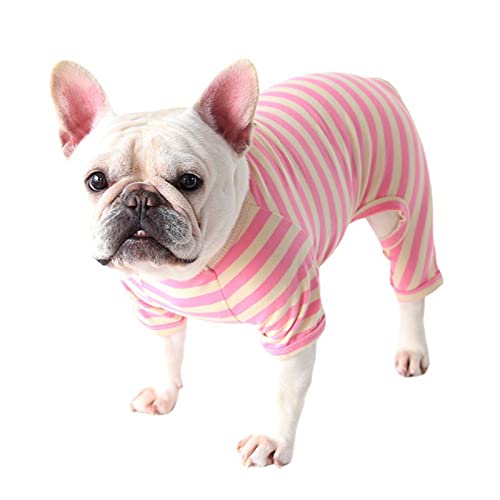 Hundekleidung, klassische gestreifte französische Bulldogge Pyjama weiche Baumwolle Hund vierbeinige Overall Anti-Haar-Haustier-Einteiler für kleine mittelgroße Hunde (XL: Beige Rosa) von Blue Dream Island