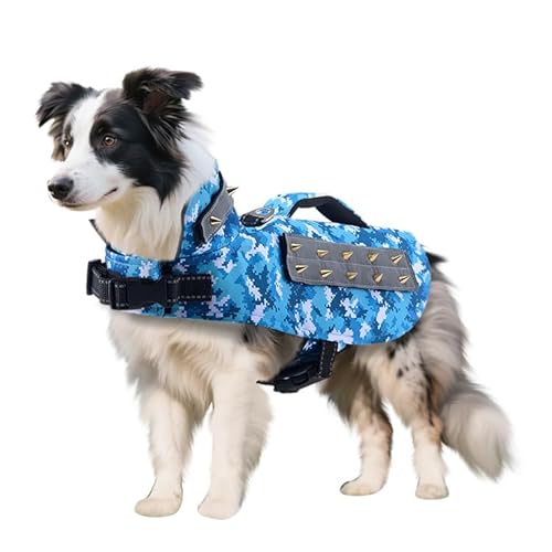 Hundeschutzweste, Nieten-Schutzweste, reflektierend, verstellbar, dicke Polsterung, Anti-Bissschutz, Anti-Angriffsjacke mit D-Ring für Welpen, kleine, mittelgroße Hunde, Größe M (Blaue Tarnfarbe) von Blue Dream Island