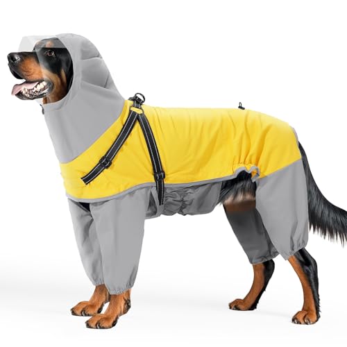 Regenmantel für große Hunde, vollständige Abdeckung, reflektierend, 4-Bein-Kapuzengeschirr, Regenbekleidung, verstellbar, wasserdicht, Einteiler-Jacke für mittelgroße und große Hunde, Größe M, Gelb Regenmantel für große Hunde, vollständige Abdeckung, reflektierend, 4-Bein-Kapuzengeschirr, Regenbekleidung, verstellbar, wasserdicht, Einteiler-Jacke für mittelgroße und große Hunde, Größe M, Gelb von Blue Dream Island