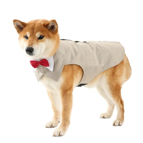 Smokinganzug für Hunde, Hochzeit, Party, Leinen-Outfit mit abnehmbarer Fliege, Halstuch, formelles Hemd, Frack, Weste, Geburtstagskostüm, Größe XL (Khaki) von Blue Dream Island