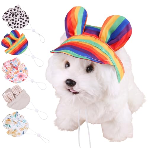 Sommer-Ohrenhut für Hunde, verstellbare Sonnenkappe für Katzen und Hunde, Sonnenschutz, Prinzessinnenhut mit Ohrenloch für Katzen, kleine, mittelgroße Hunde, Größe S (Regenbogen) von Blue Dream Island