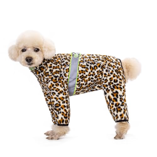 Warme Winterkleidung, Fleece-Einteiler, Schlafanzug, verstellbare Brust, reflektierende Streifen, vierbeinige Kleidung für kleine und mittelgroße Hunde, Größe XS (Leopardenmuster) von Blue Dream Island