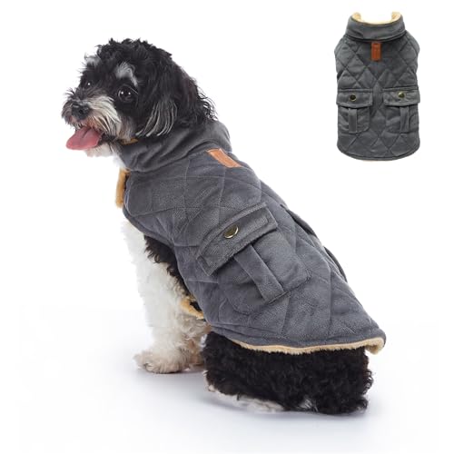 Warmer Wintermantel für Hunde mit Traktionslöchern, winddichte Jacke für kaltes Wetter, Baumwolle, Kostüm für Welpen, kleine und mittelgroße Hunde, Größe M, Stil 1: Dunkelgrau von Blue Dream Island