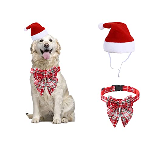 Weihnachts-Hundehalsband mit Fliege und Hut, Weihnachts-Haustier-Halsbandschnalle für Katzen, kleine, mittelgroße Hunde, Rot, Weiß (L) von Blue Dream Island