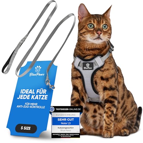 Blue Pawz Katzengeschirr mit Leine - 170cm | Katzengeschirr ausbruchsicher & hochwertig | Katzenleine mit Geschirr für Katzen | Katzen Geschirr für unvergessliche Momente (S), Grau von Blue Pawz