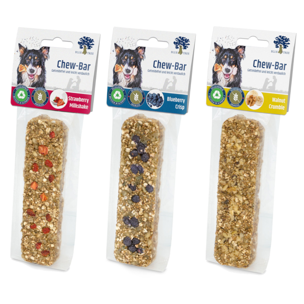 Blue Tree Chew-Bar - 3 Stück: Strawberry Milkshake, Walnut Crumble, Blueberry Crisp Blue Tree Chew-Bar - 3 Stück: Strawberry Milkshake, Walnut Crumble, Blueberry Crisp von Blue Tree