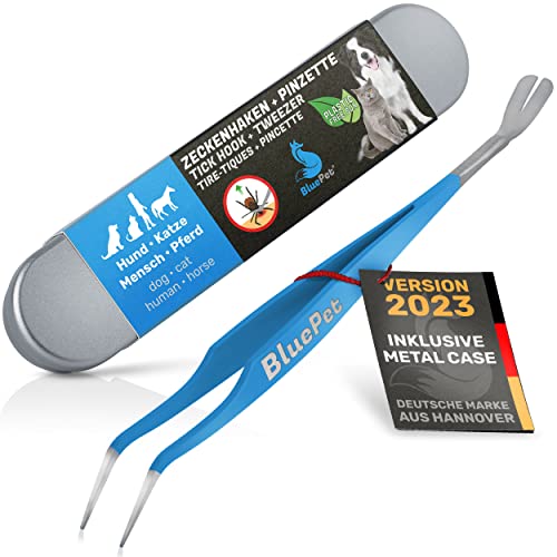 BluePet 2in1 Zeckenpinzette für Hunde, Katze, Pferd & Mensch I Edelstahl Zeckenzange mit Case I Zeckenhebel als Solider Zeckenentferner I Alternative zu Zeckenpinzette, Zeckendreher & Zeckenmittel von BluePet