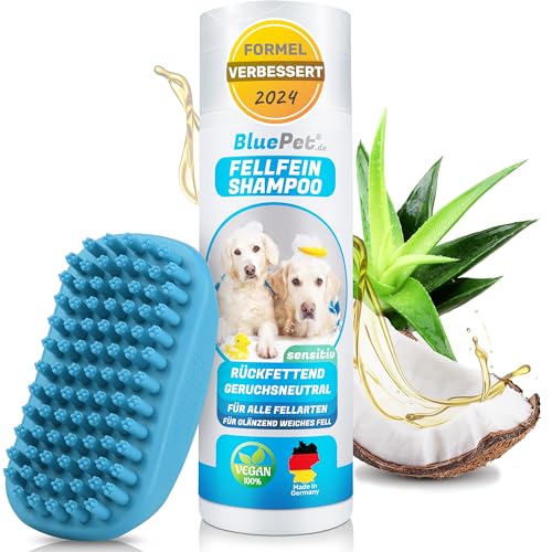 BluePet FellFein Hundeshampoo Sensitiv + Badestriegel - Gegen Gerüche & Juckreiz - Rückfettendes sensitives Pflegeshampoo mit Aloe Vera & Jojobaöl für glänzendes Fell = 100% Vegan von BluePet