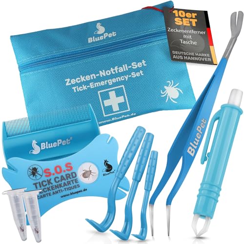 BluePet 10er Set mit Tasche Zeckenentferner für Hunde, Katze, Pferd & Mensch mit Zeckenzange, Zeckenhebel, Zeckenpinzette, Zeckenkarte I Alternative zu Zeckenschutz, Zeckenmittel BluePet 10er Set mit Tasche Zeckenentferner für Hunde, Katze, Pferd & Mensch mit Zeckenzange, Zeckenhebel, Zeckenpinzette, Zeckenkarte I Alternative zu Zeckenschutz, Zeckenmittel von BluePet