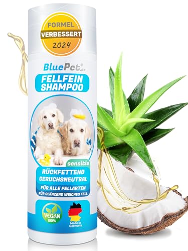 BluePet FellFein Hundeshampoo Sensitiv & Geruchsneutral Made in Germany - Rückfettendes Pflegeshampoo mit Aloe Vera & Jojobaöl für glänzendes Fell & leichte Kämmbarkeit = 100% Vegan (Hundeshampoo) von BluePet