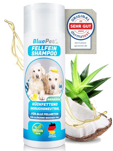 BluePet FellFein Hundeshampoo Sensitiv & Geruchsneutral Made in Germany - Rückfettendes Pflegeshampoo mit Aloe Vera & Jojobaöl für glänzendes Fell & leichte Kämmbarkeit = 100% Vegan (Hundeshampoo) von BluePet