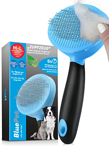 BluePet Hundebürste & Katzenbürste für Langhaar - Entfernt schonend Unterwolle, Verfilzungen & Knoten - Zupfbürste mit Selbstreinigung - Für die tägliche Anwendung (1.0 Blau) von BluePet