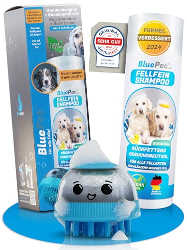 BluePet Parfümfreies Hundeshampoo + Badestriegel Gegen Juckreiz, Gerüche & Schmutz I Fellshampoo mit Aloe Vera & Jojobaöl für glänzendes (Shampoo + Befüllbare Badebürste, 200ml) von BluePet
