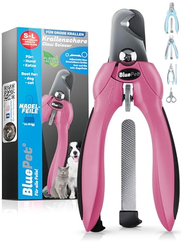BluePet Einstellbare Profi Krallenschere Für Große Hunde & Katzen I Extra Starker & Scharfer Krallenschneider für Harte Krallen I Einstellbare Krallenzange auf alle Krallendurchmesser mit Nagelfeile von BluePet