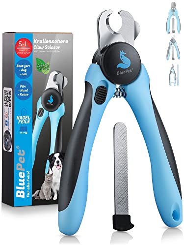BluePet Krallenschere mit Schutzplatte als Nagelschere für Hunde, Katzen & Kleintiere I Krallenzange für kleine & große Krallen mit Krallenfeile im Griff (Größe M-L mit Schutz Blau) von BluePet