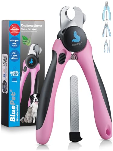 BluePet Krallenschere mit Schutzplatte als Nagelschere für Hunde, Katzen & Kleintiere I Krallenzange für kleine & große Krallen mit Krallenfeile im Griff von BluePet