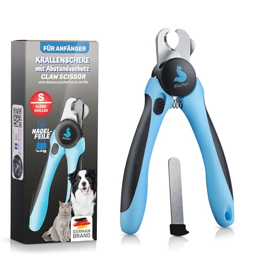 BluePet Krallenschere mit Schutz für kleine Hunde & Katzen, mit Abstandhalter für mehr Sicherheit, Krallenzange für kleine Krallen + Krallenfeile im Griff, Alternativ zu Nagelschere & Krallenschleifer von BluePet