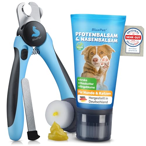 BluePet Schnelleinziehender Pfotenbalsam + Krallenschere Hund & Katze, Gegen Trockene, Rissige Pfoten, Nasen I Pfotencreme 50 ml - Heilt, Regeneriert mit Arnika, Ringelblume & Shea I Pfotenpflege von BluePet