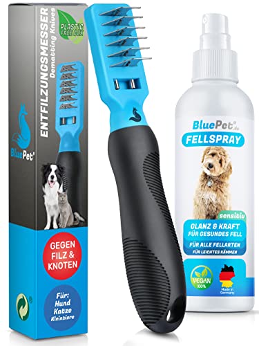 BluePet Profi Entfilzungskamm + Fellspray für Hunde & Katzen bei Verfilzungen & Knoten | Als Entfilzungshaken mit Entfilzungsmessern | Entfilzungsharke & Entfilzungskamm von BluePet