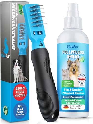 BluePet Profi Entfilzungskamm + Fellspray für Hunde & Katzen bei Verfilzungen & Knoten | Als Entfilzungshaken mit Entfilzungsmessern | Entfilzungsharke & Entfilzungskamm von BluePet