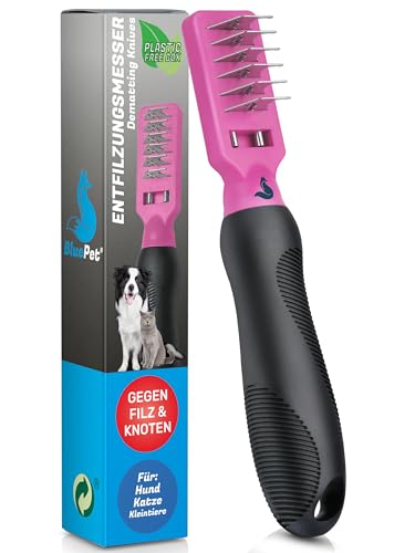 BluePet Profi Entfilzungskamm für Hunde und Katzen I Entfilzungshaken, Entfilzungsmesser, Entfilzungsharke Katze, Knoten Entferner Katze, Entfilzungskamm Hund, Entfernt Verfilzungen und Knoten von BluePet